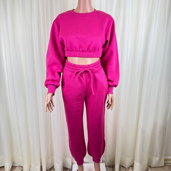 Zenana 2 Pcs Crop Sweatshirt Tracksuit High Waist Jogger Set Active Hot Pink - Picture 3 of 13